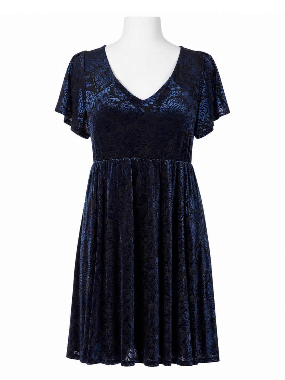 Size 1X Torrid Womens Blue Floral Print Burnout Velvet Short Sleeve Dress